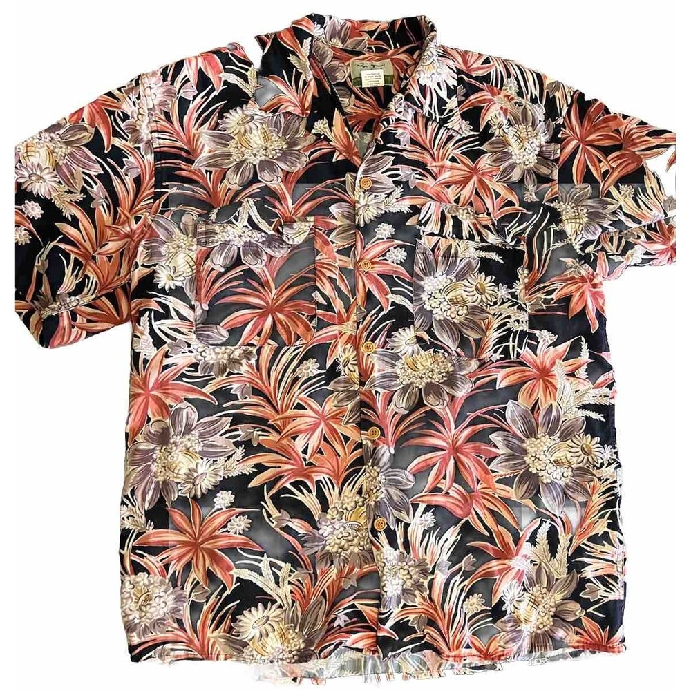 Reyn Spooner Floral Leaves Aloha Shirt Men's Large Rare Rayon Linen Blend